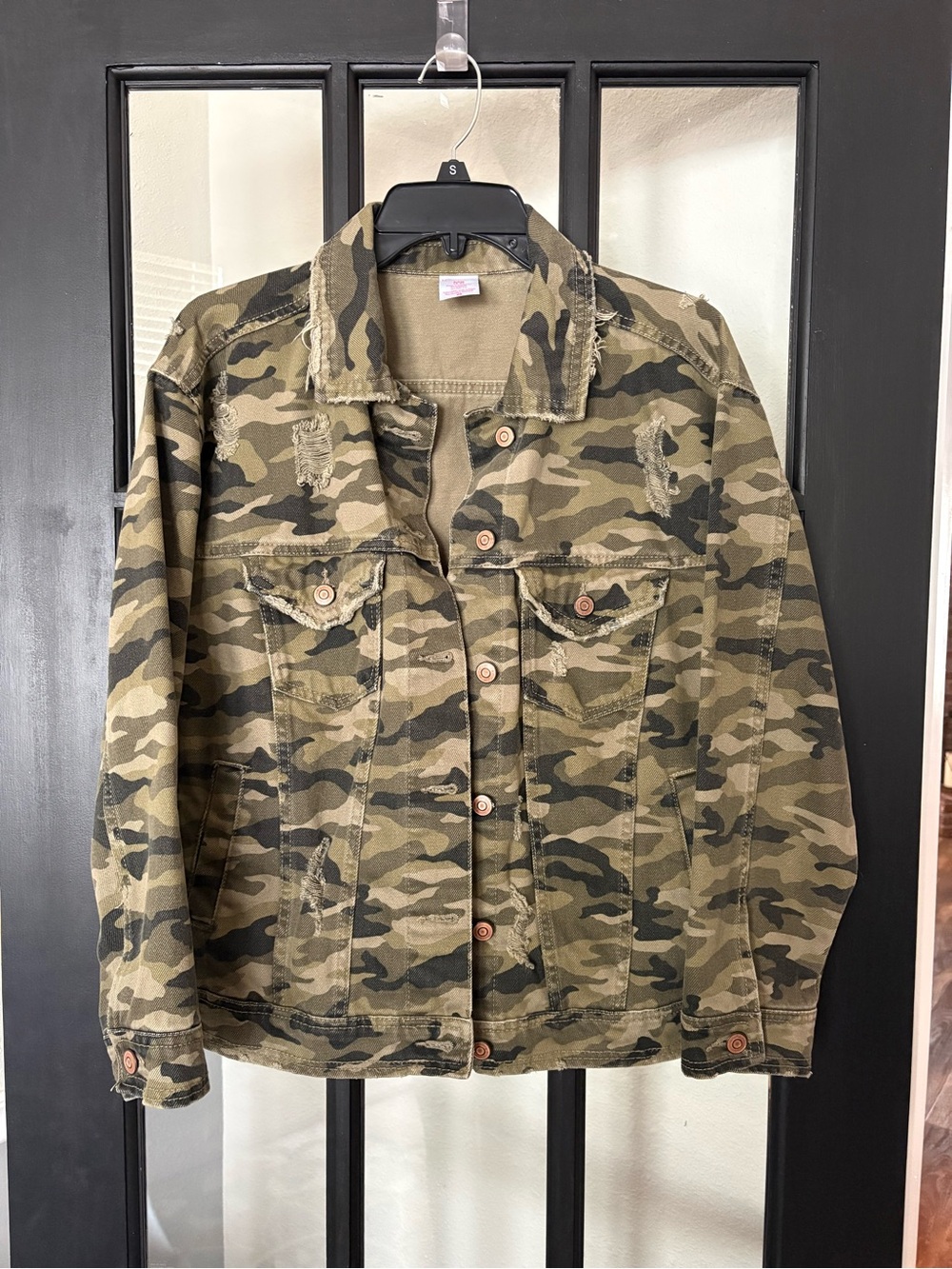 Distressed Women's Camo Jean Jacket - Green & Tan